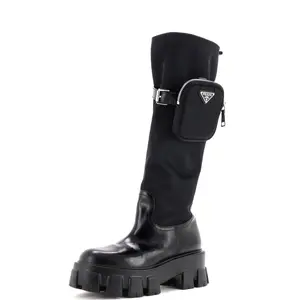 Pre-owned Prada Women's Monolith Knee High Boots Nylon and Leather by Rebag