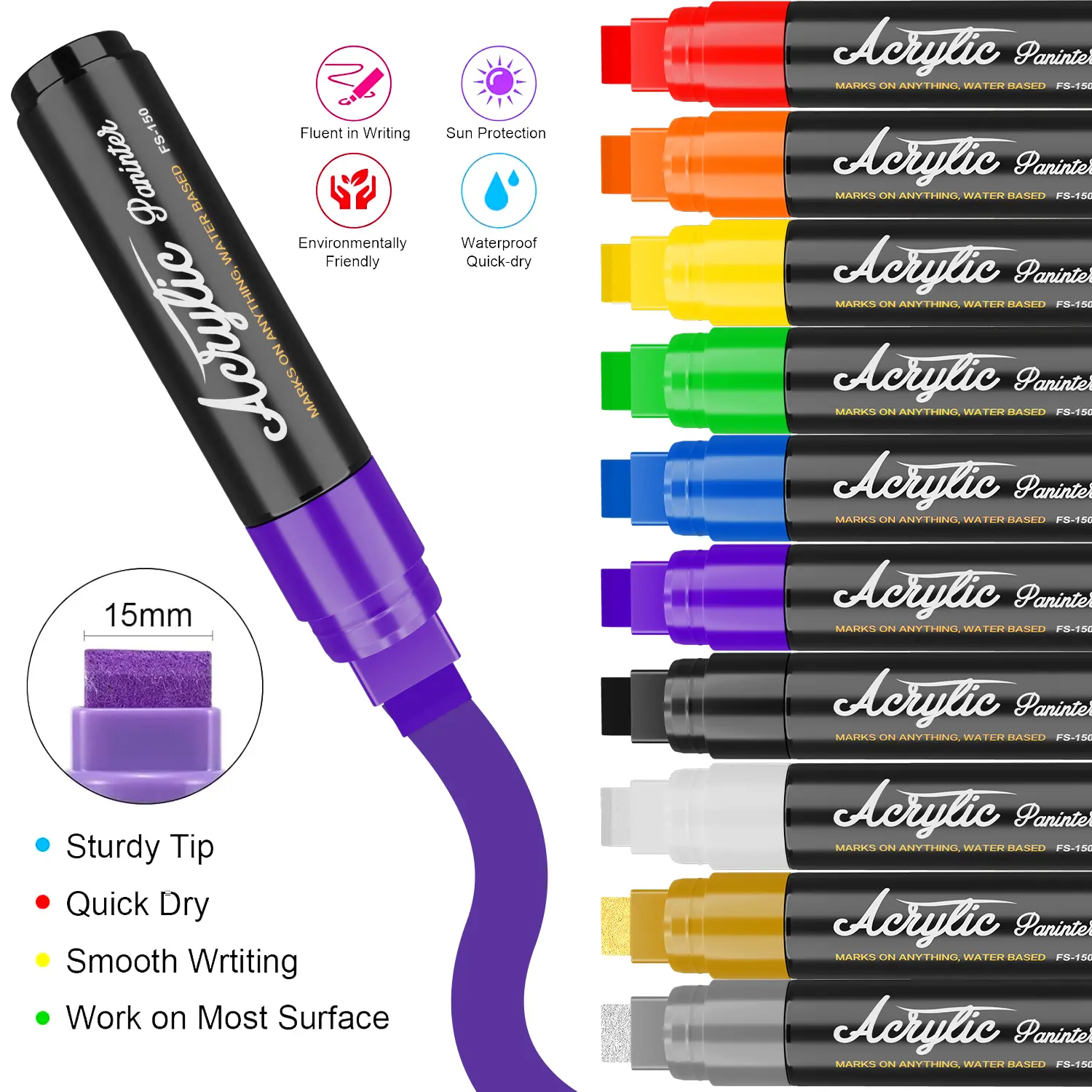 10 Color 15mm Wide Tip Acrylic Paint Markers, Paint Pens Markers, Waterproof Acrylic Markers, High Coverage, Large Ink Capacity, Layering Ability, Bold Graffiti and Art Set