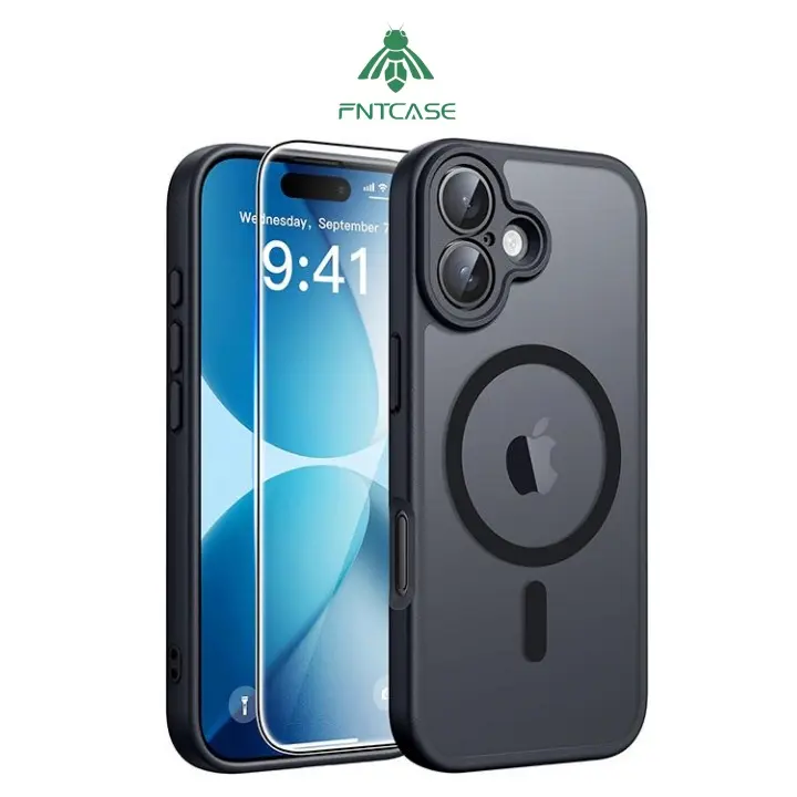 FNTCASE For iPhone 17 iPhone 16 Phone Case: Slim Shockproof Drop Protection Phone Cover Slim Anti-Slip Durable Protective Bumper Magnetic Case Compatible with MagSafe - Frosted Touch with Screen Protector Smartphone Button