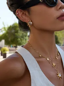 Ladies Earrings Gold And Silver Color Blocked Moonstone Sun Earrings Stainless Steel 18k Gold Plated Waterproof And Anti Allergy Artistic Designer Style Lustrous Quality Jewelry