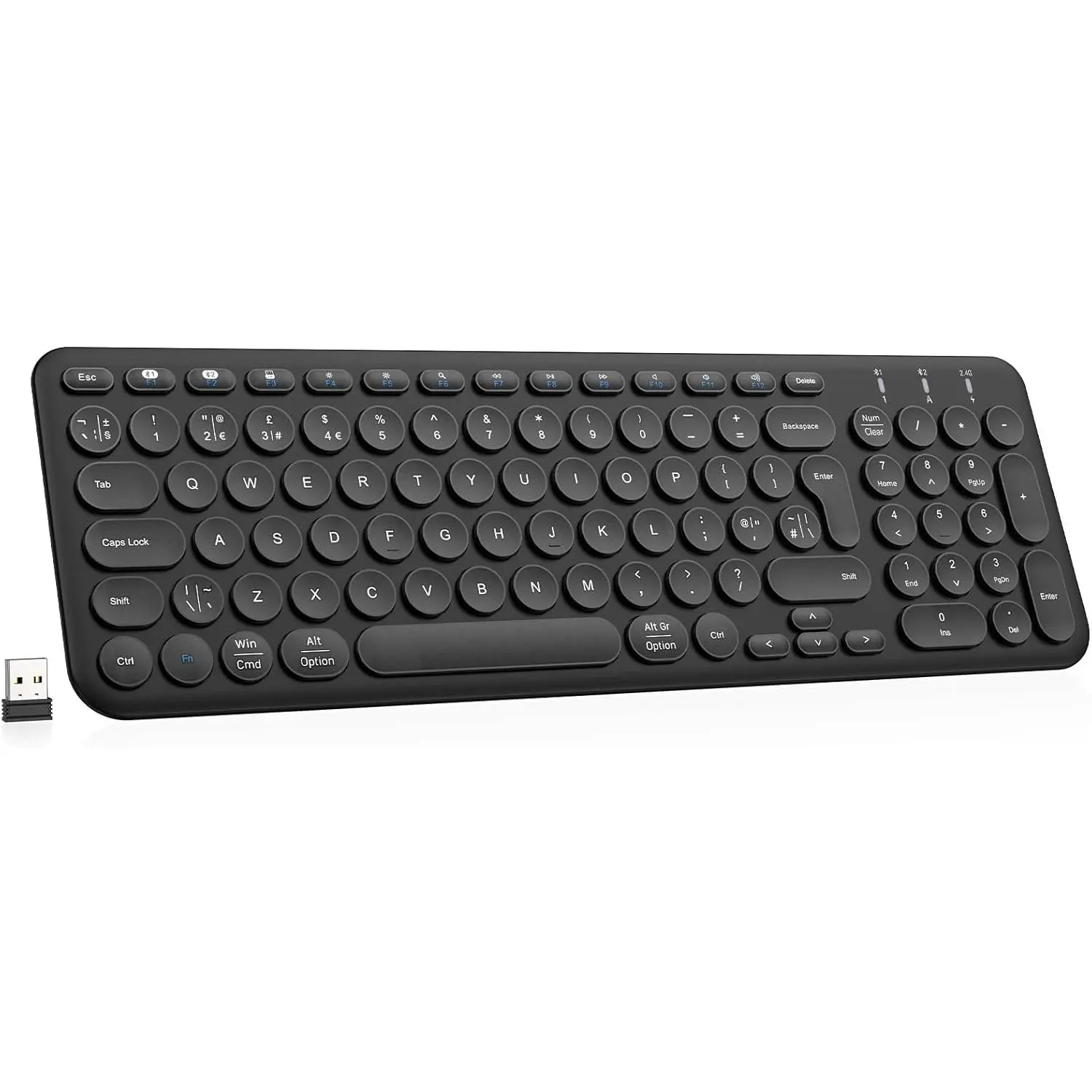 Wireless Rechargeable Round Keys Keyboard, 2.4G/Bluetooth Ultra Slim Keyboard with Numeric Keypad for Mac/Computer/Desktop/PC/Laptop/Surface/Smart TV/Notebook and Windows 10/8/7 - Black