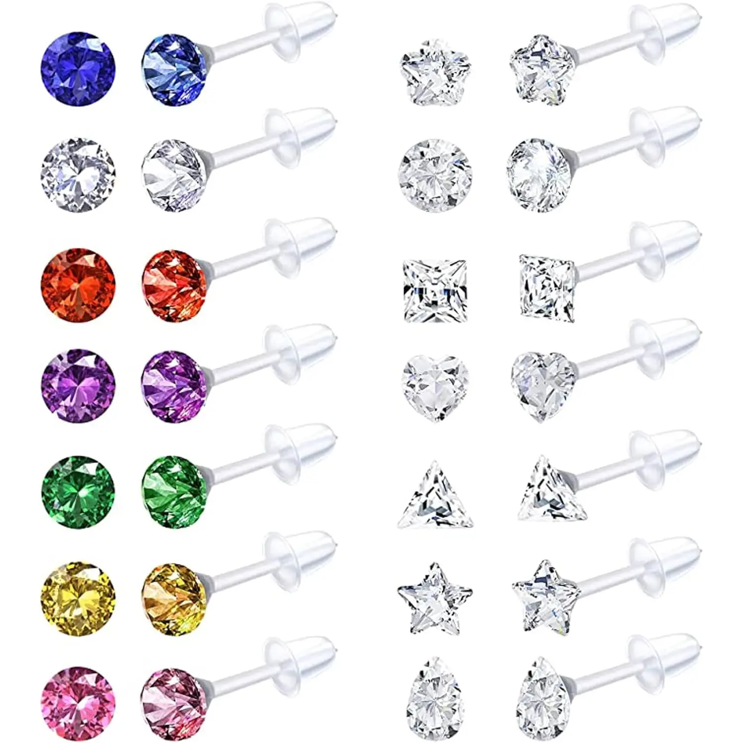 Florideco 14 Pairs Clear Plastic Stud Earrings for Women & Girls, Acrylic Star & Heart Rhinestone Earrings, Ear Piercing Retainers,summerwins