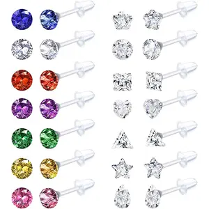 Florideco 14 Pairs Clear Plastic Stud Earrings for Women & Girls, Acrylic Star & Heart Rhinestone Earrings, Ear Piercing Retainers
