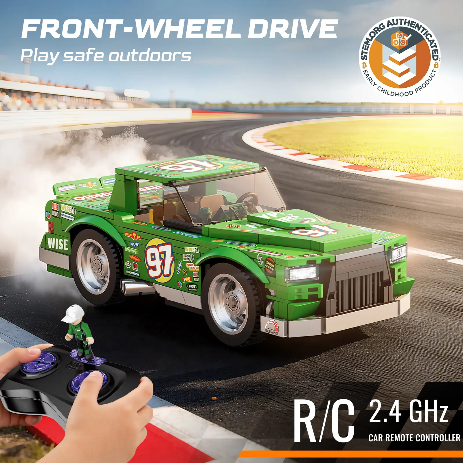 WISE BLOCK Green Thunder RC Muscle Car Buildable Kit - 358 Plastic Bricks STEM Toy, Remote Control Drift Model with Minifigure, Detailed Design, Signature Racing Graphics, 8-10 Years Car Enthusiast Gift (Batteries Not Included, Build & Display), Buildingb