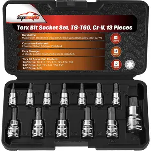 Torx Bit Socket Set,  Socket T8-T60, Cr-V, 13 count