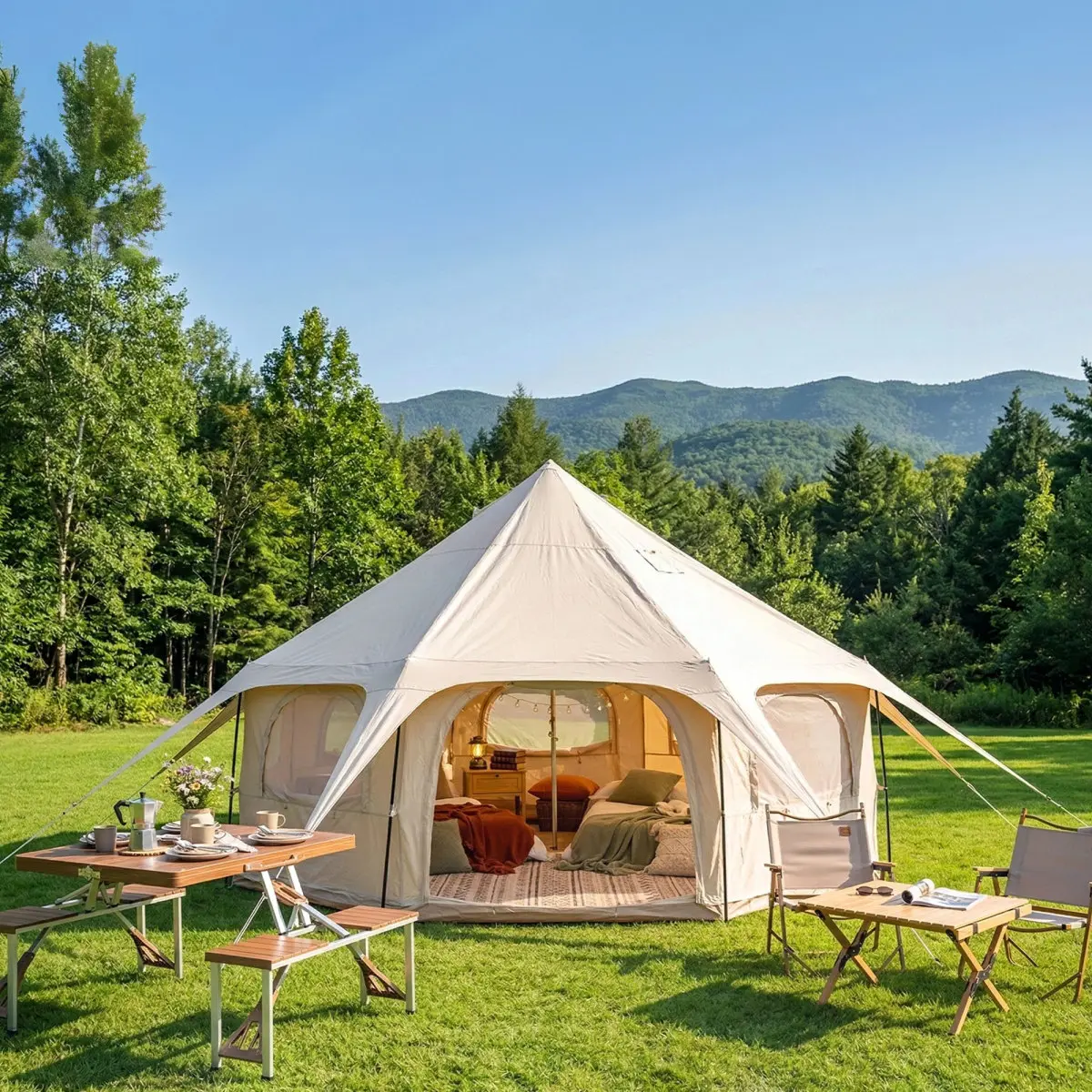 Aobtkel 600D Oxford Bell Tent 14.8x9.2ft Glamping Yurt with Stove Jack 55" Tall Side Walls 8 Poles 9.18ft Peak 2 Mesh Doors Roll-Up Walls All-Season for Family Camping Backyard Party Music Festival Weekend Outdoor Adventure Gift