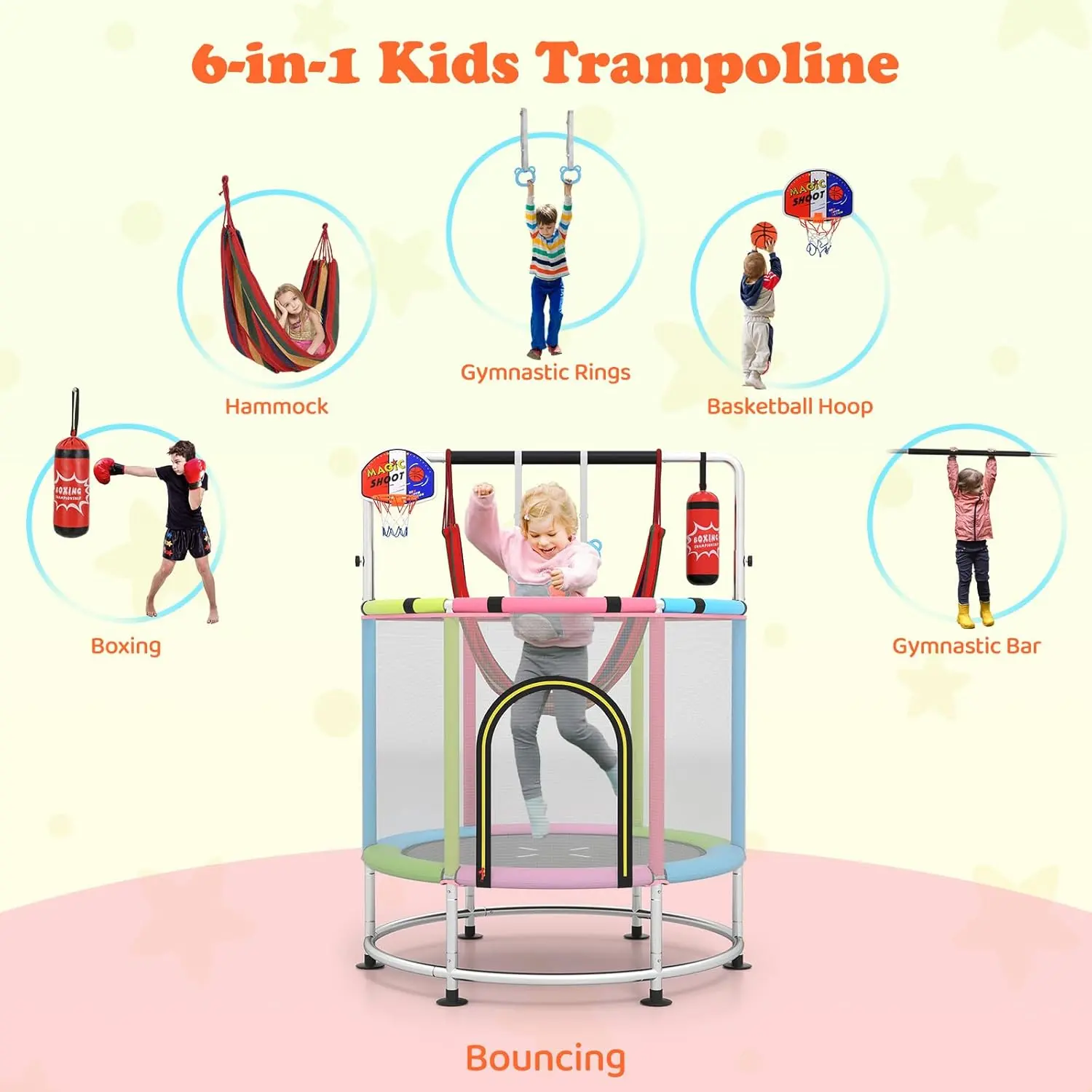 6-in-1  55" Pink w/Hammock, Rings, Punching Bag