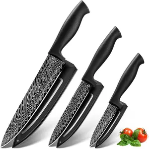 3 Pcs Knife Set with Cover Black Chef Knife Set for Cooking Sharp Kitchen Knives with Sheath