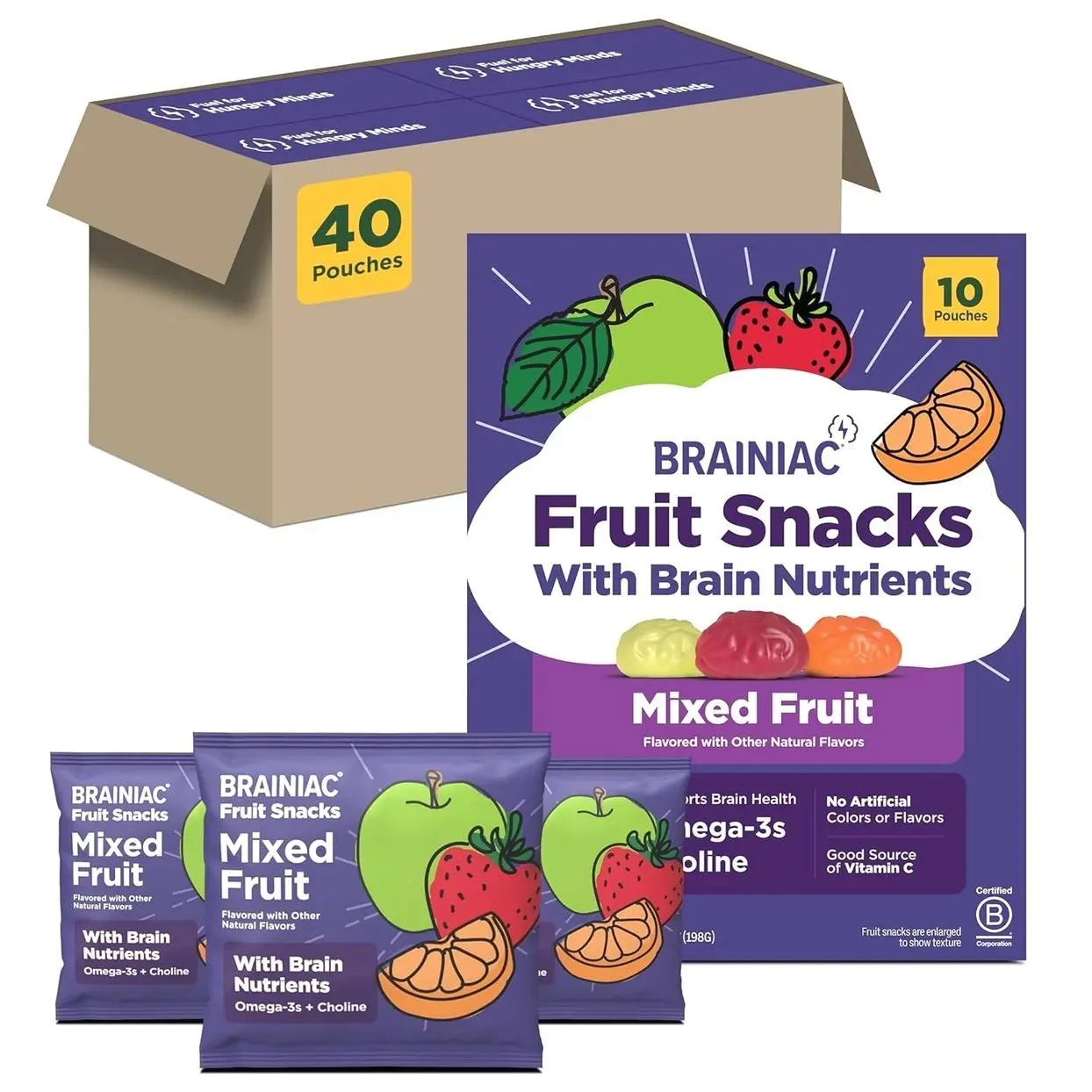 Brainiac Fruit Snacks, Mixed Fruit, Brain Boosting Patented BrainPack Ingredients with Omega-3s DHA/EPA and Choline, Functional and Nutritious Snacks, 40ct