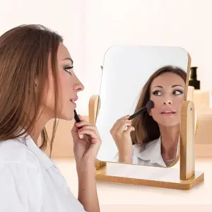 Natural Wood Makeup Mirror, 360 Degree Rotating Magnifying Bathroom Mirror, Portable Desktop Design, Ideal for Makeup and Personal Care, Modern Wooden Mirror, Makeup Vanity Mirror