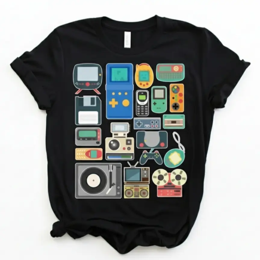 Women's Soft Cotton Casual Round Neck Short-Sleeve T-Shirt - Vintage Tech & Gaming Console Graphic, 80s-90s Nostalgic Teddy Print, Ball Accent, Unisex-Friendly Gift for Tech Enthusiasts (Thanksgiving, Easter), Tops, Fit, 90S Graphic Tees, Valentines Day,,