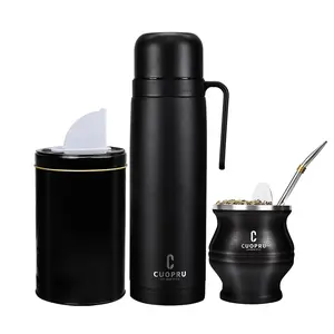 Cuopru Premium Stainless Steel Yerba Mate Kit, Gourd, 33.8oz Insulated Bottle, Container, Bombilla, Cleaning Brush, Tea Filter Set, Matte Black Drinkware Flasks
