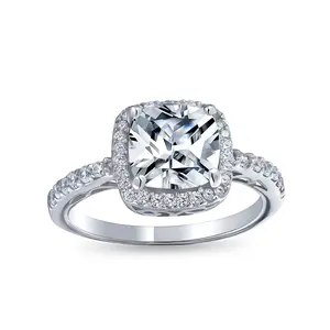 3CT Yellow Cubic Zirconia Halo Solitaire Square Cushion Cut Engagement Ring CZ Band Sterling Silver