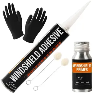 Urethane Windshield Adhesive 310ml, Automotive Polyurethane Sealant,  Glass Chip & Crack Repair Kit with 1 windshiel Primer, 1 Pair Gloves, 2 Applicator Sticks, Quick Curing, Black