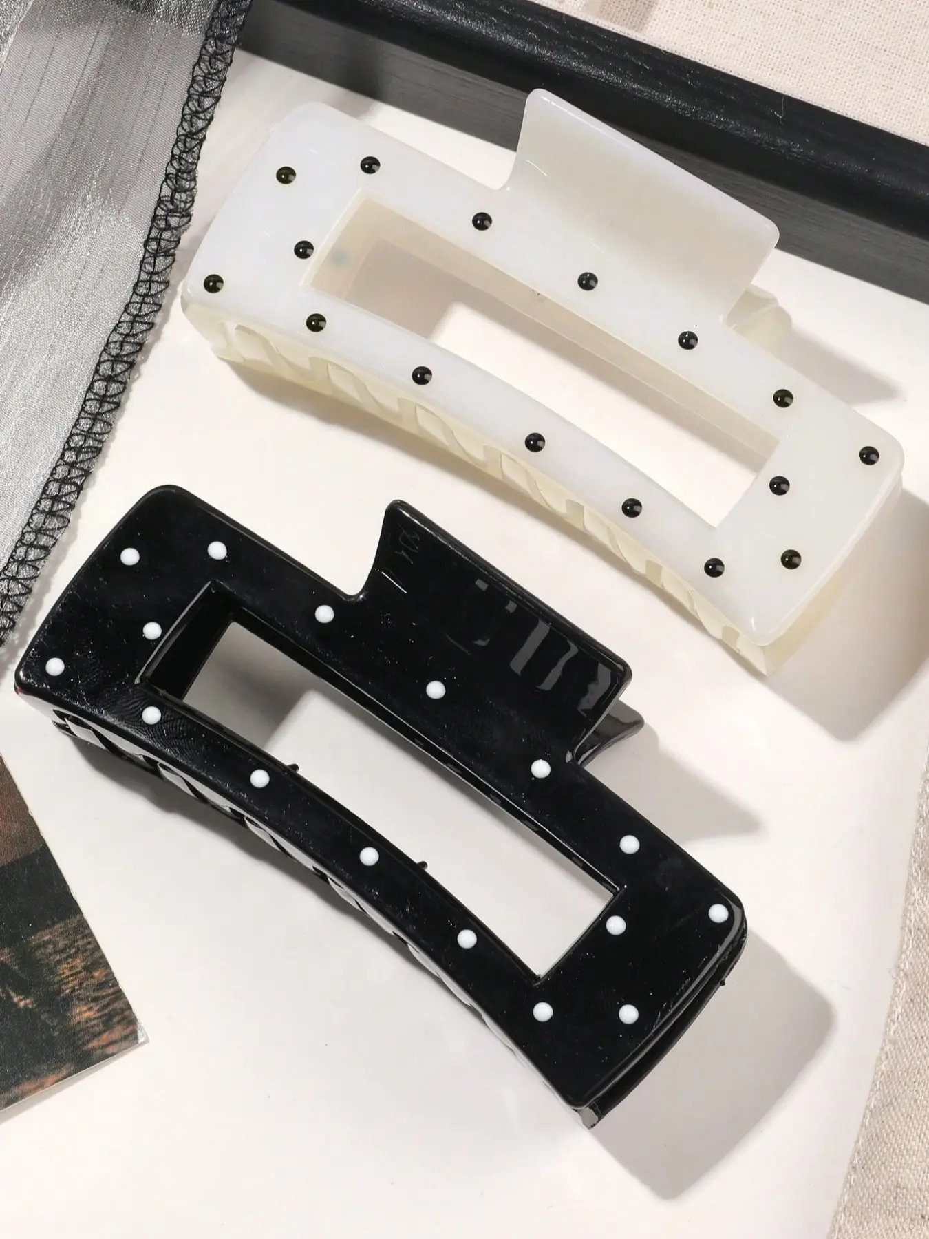 2-Pcs-Black-White-Polka-Dot-Shiny-Large-Square-Hair-Claw-Clips, Hair Claws Set, For-Casual-Updo-Hairstyles-Fall-Winter-Hair-Accessories-For-Women-For-Vacation-Outfits