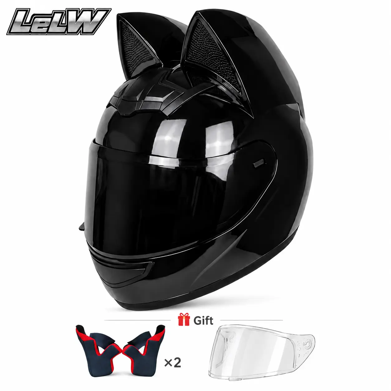 LeLW Cat Ear Full Face Motorcycle Helmet - DOT Certified, Dual Visor, Bluetooth Ready, 2 Extra Comfort Liners, Removable Washable Liner, Size Adjustable, Lightweight for Adult Motorcycle & E-Bike Long Rides Safety Helmet, None