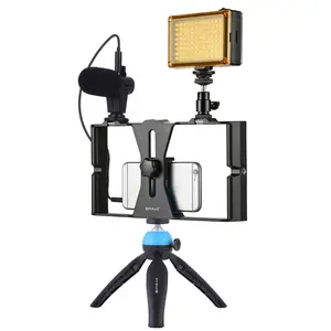 PULUZ Mobile Live Video Shooting Kit: Rabbit Cage + Microphone + Fill Light + Adapter Bracket + Tripod Selfie Cellphone