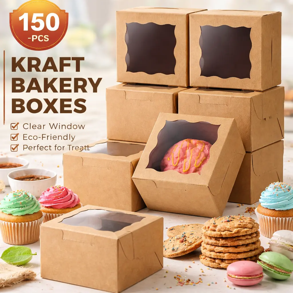 Durable Baked Goods Cookie Boxes (150pcs Thick Brown Cardboard, 4x4x2.5 inches) - Baking Accessories with Transparent PVC Window, Bulk for Pastry Selling & Handmade Gifts, Includes Stickers