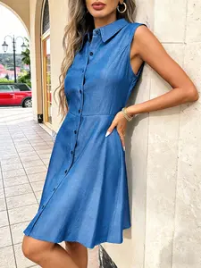 Fresh Denim Blue Sleeveless Collared Waist-Cinched Beach Vacation A-Line Dress Trendy Denim Blue Sleeveless Collared Statement Vacation Dress Retro Denim Blue Sleeveless Collared Casual Vacation Shirt Dress Womenswear