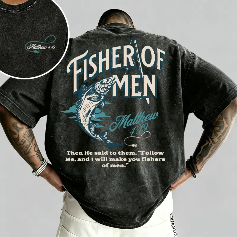 Fisher of Men Matthew 4:19 Vintage Acid Wash Tee | Christian Fishing Faith Shirt,Retro Christian Fisher of Men Fish Pole Tee | Matthew 4:19 Faith Oversized Top,Unisex / men & women Menswear Tshirt Streetwear Crewneck T-Shirt Bold Graphic Tee Black