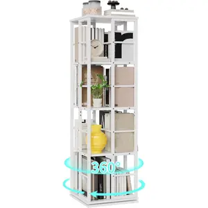 4-Tier Rotating Bookshelf for Small Spaces, 360° Spinning Bookcase with Corner Design, Wood Revolving Storage Organizer & Display Shelf for Living Room, Bedroom, Home Office (White).