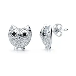 BERRICLE Sterling Silver Owl Stud Earrings for Women, Cubic Zirconia CZ