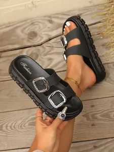 Women's Summer 2024 Fashionable Plain Slides, Casual Soft Comfortable Slippers for Home, Outdoor, Solid Color Design Wide Buckle Design Band Slippers