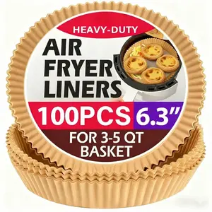 Air Fryer Liners Heavy-Duty Non-Stick Oil-Resistant Disposable Compostable Parchment Paper for 5-8 QT Round Baking Roasting Microwave Oven Bakeware Utensils Wood Kitchen