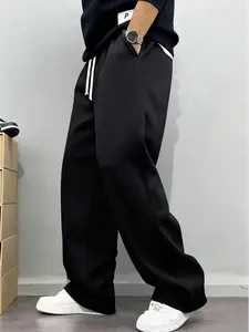 Men's Casual Sports Pants - Straight-Leg Loose Fit Long Jogger Trousers for Gym & Outdoor Activities, Elastic Waistband, Solid Color, Versatile Running Pants