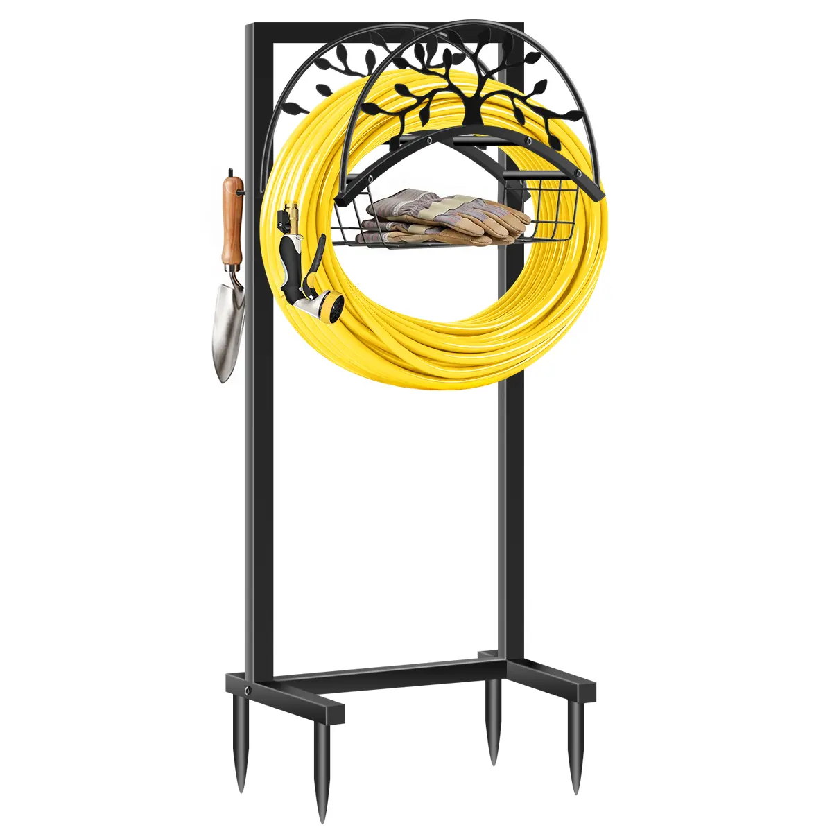 Freestanding Heavy-Duty Garden Water Hose Holder with Detachable Metal Storage Basket, 151ft Capacity Hose Reel Hanger & Stand for Outdoor Backyard Home Organization