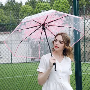 Cherry Blossom Pattern Clear Umbrella, 1 Count Portable Folding Automatic Umbrella with Flower Pattern, Automatic Umbrella for Women Girls