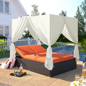 Outdoor Double Chaise Lounge Daybed with Curtains,Patio Outdoor Sunbed with Adjustable Backrest, Sturdy Steel Frame Loveseat Sofa for Backyard,Poolside, Terrace ，Orange