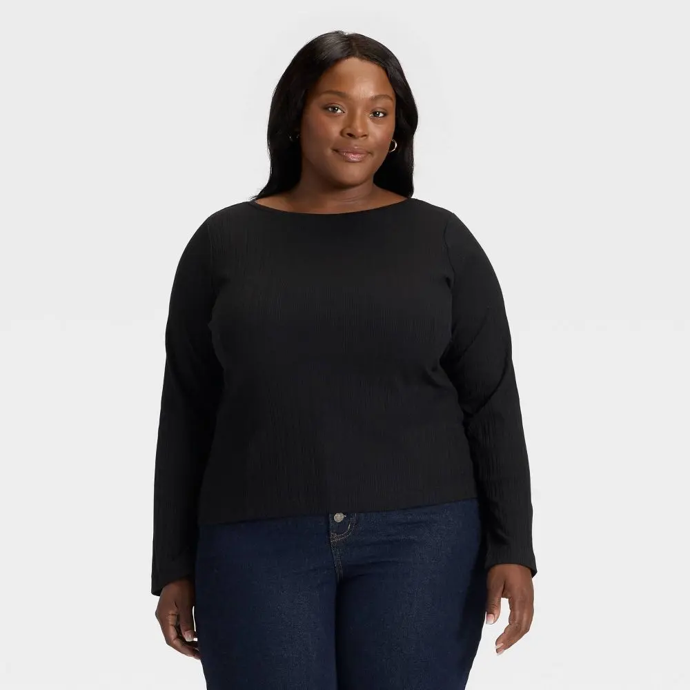 Women's Split Long Sleeve Boat Neck Rib-Knit Top - Ava & Viv