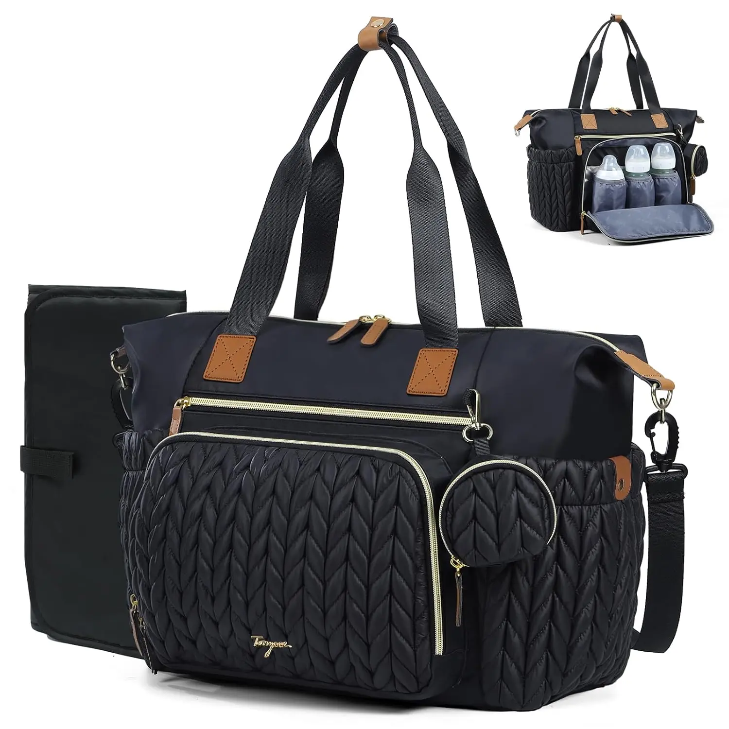 Diaper Bag Tote, Large Diaper Bags Waterproof, Hospital Bag  Labor Delivery, Baby Bag with Pacifier Case, Travel Diaper Tote with Changing Pad, Black