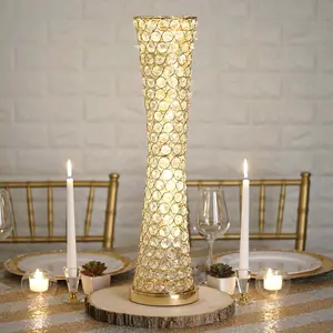 Metal Hurricane Floral Vase Centerpiece 24" Metallic Gold with Crystal Beaded Design - Table Decorative Stand