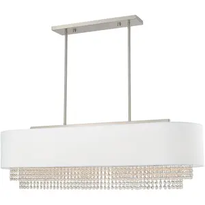 12.25 inch 5 Light Brushed Nickel Linear Chandelier with Clear Crystals/ Hand Crafted Off-White Fabric Hardback Shade