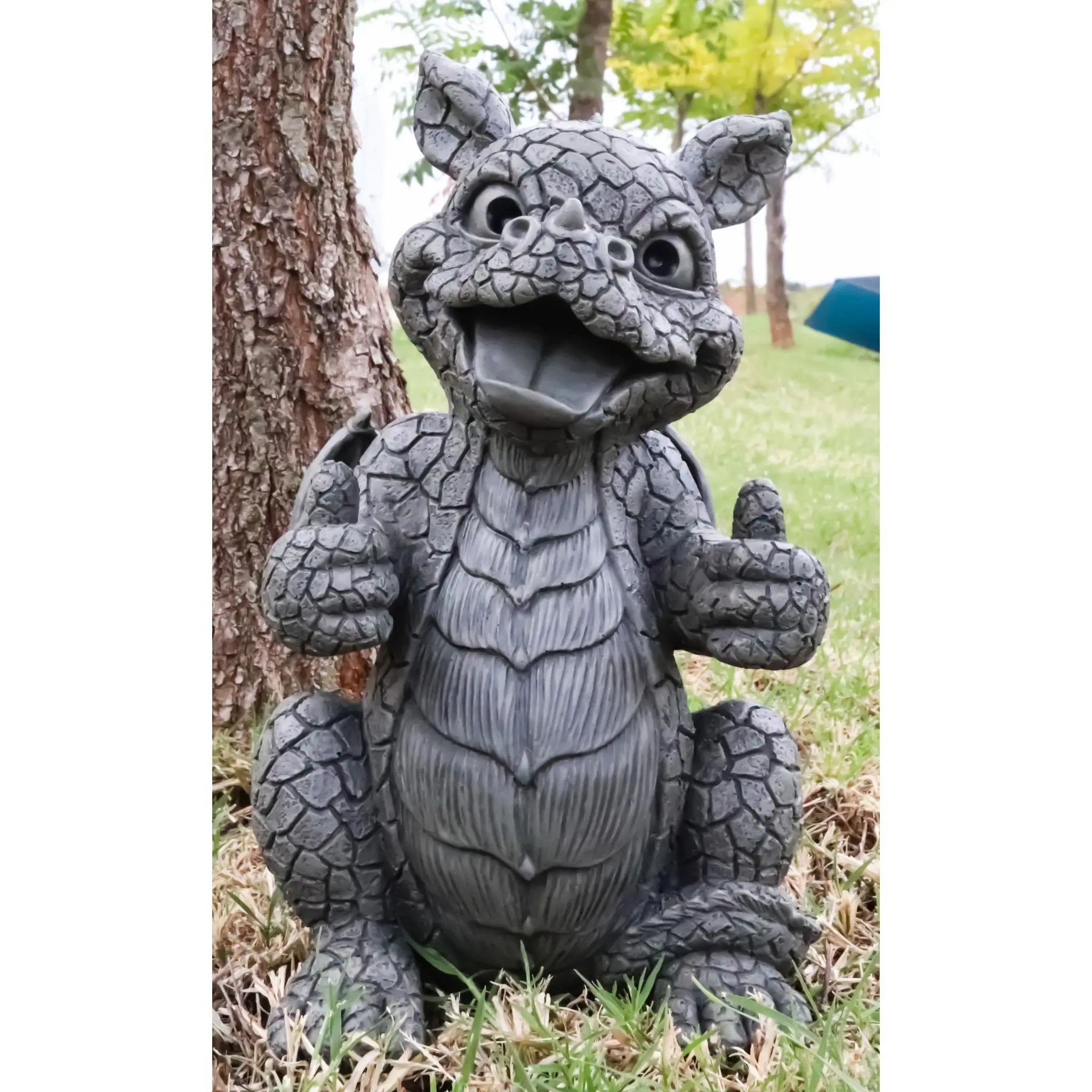 Whimsical Good Job Thumbs Up Dragon Garden Statue Faux Stone Resin Finish 10"H