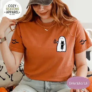 Embroidered Halloween Shirt, Bat Sleeves Halloween Gift, Comfort Colors® Shirt, Cat Shirt, Embroidered Ghost Shirt, Cat Lovers, Coffee Shirt