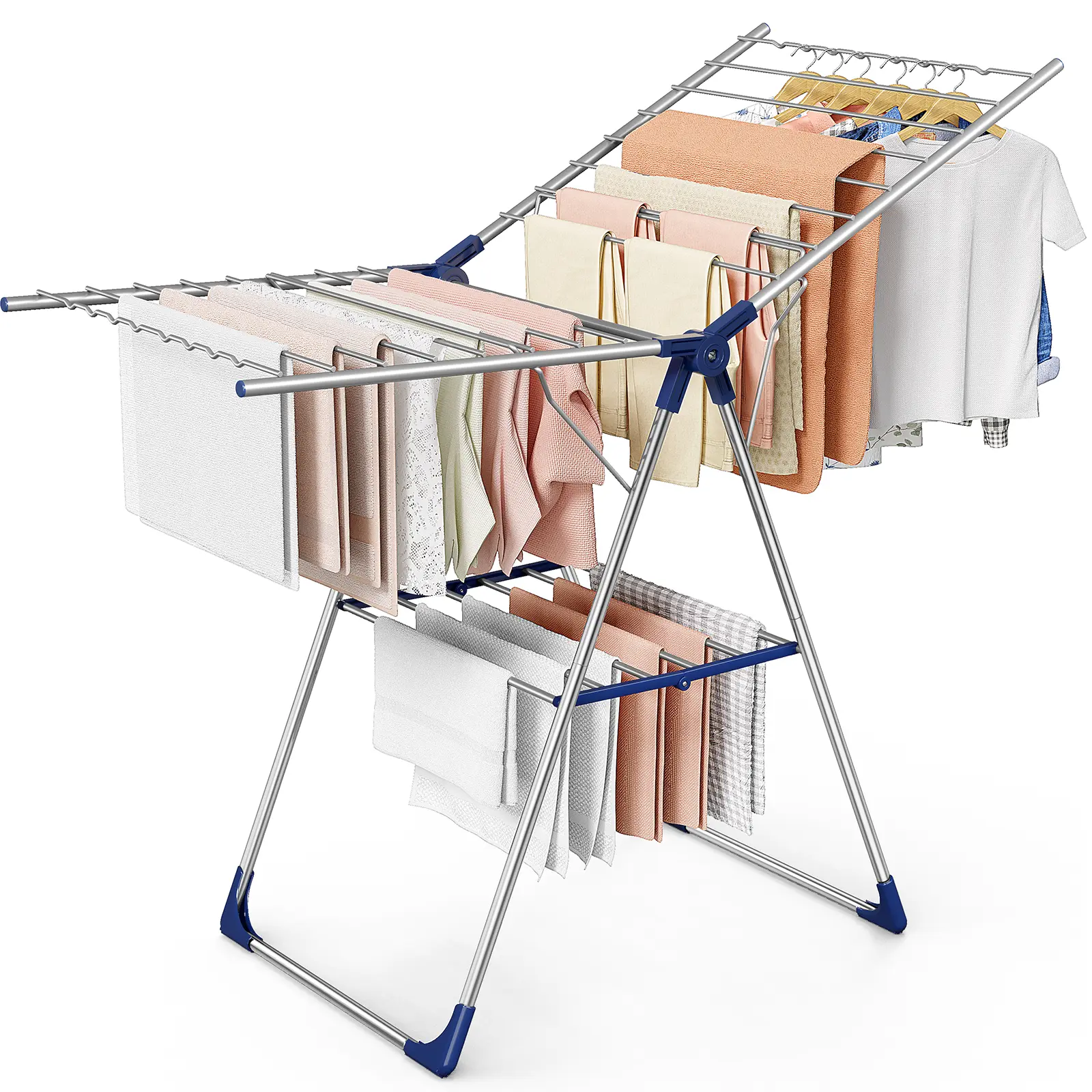 Double Wing Metal Clothes Drying Rack, Foldable Folding Portable Iron Laundry Airer, Silver Blue Indoor-Outdoor Home Laundry Tool, Metal Clothes Rack, Folding Drying Racks