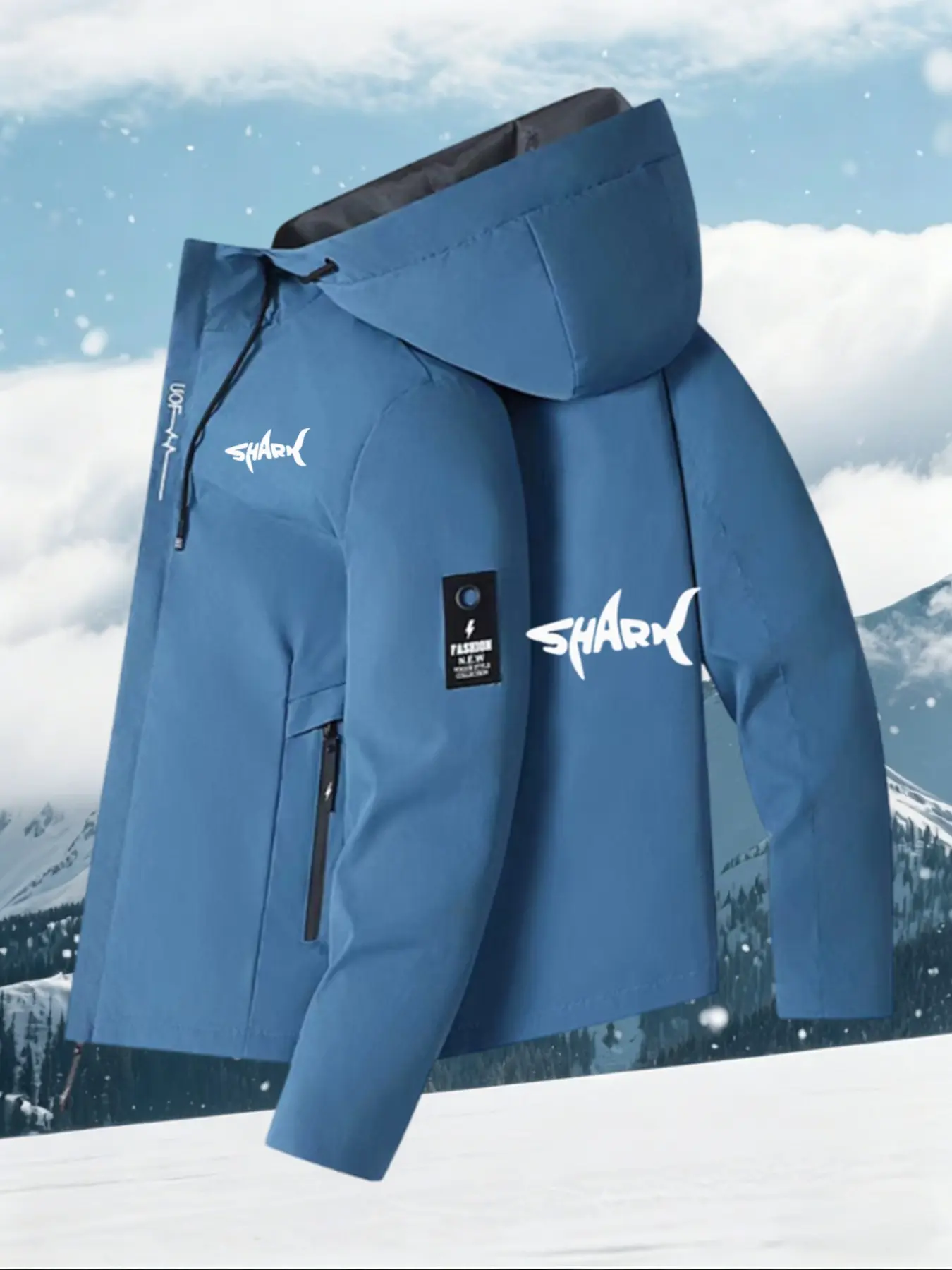 New Blue Shark Print Hooded Windbreaker Men's Outdoor Sports Jacket, Slim-Fitting Casual All-Season Outerwear, No Padding