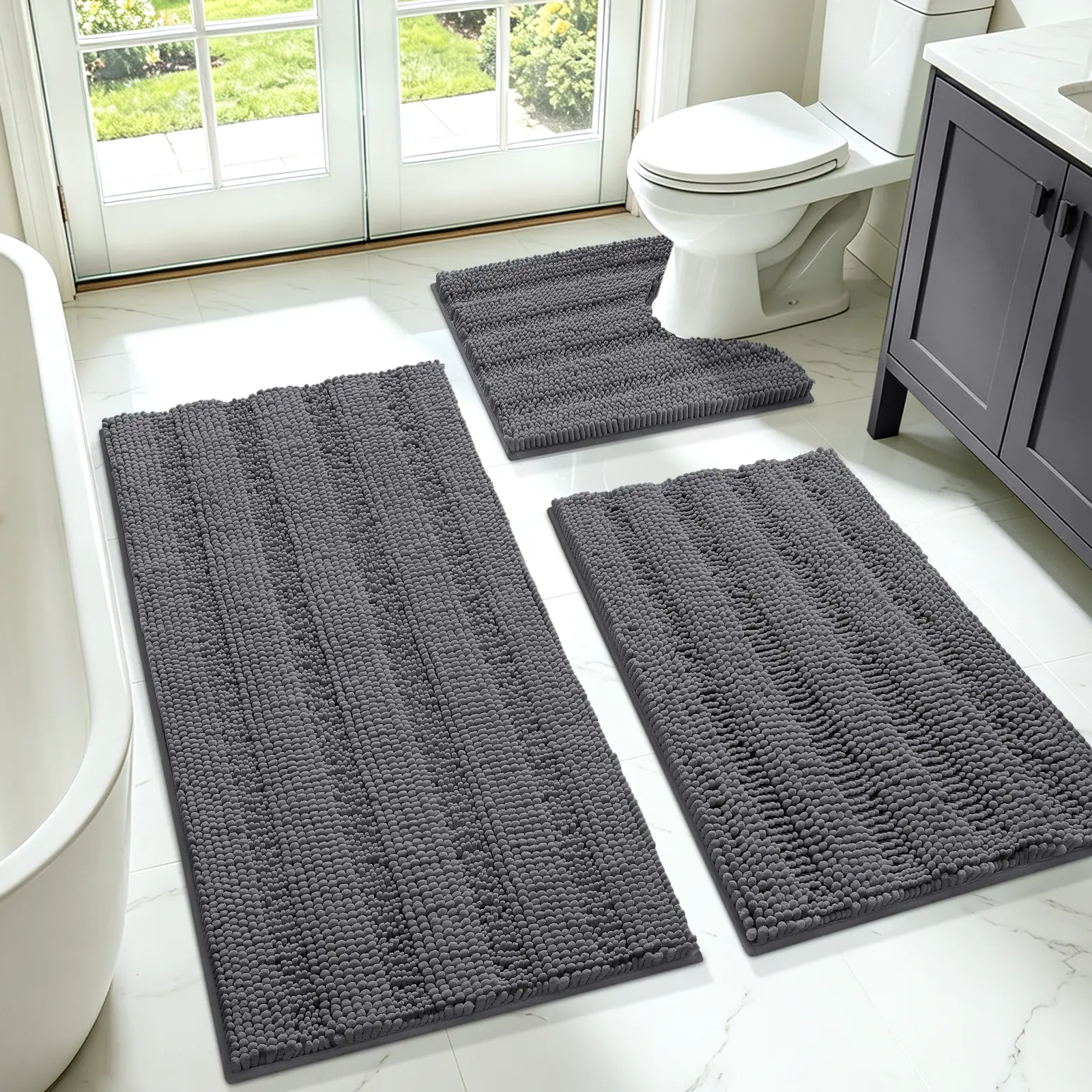 ACCUMTEK Soft Striped Bathroom Rug Set Bath Rug 3 Pieces , Non Slip Chenille Bath Mat, Highly Absorbent Bathroom Mat Plush Shaggy Bath Mats for Bathroom