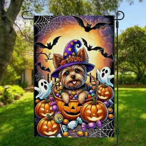 1PC Spooky Halloween Garden Flag With Yorkie In Witch Hat And Pumpk Featuring Ghosts Bats Candy And Webs Perfect For Outdoor Fall Decorations And