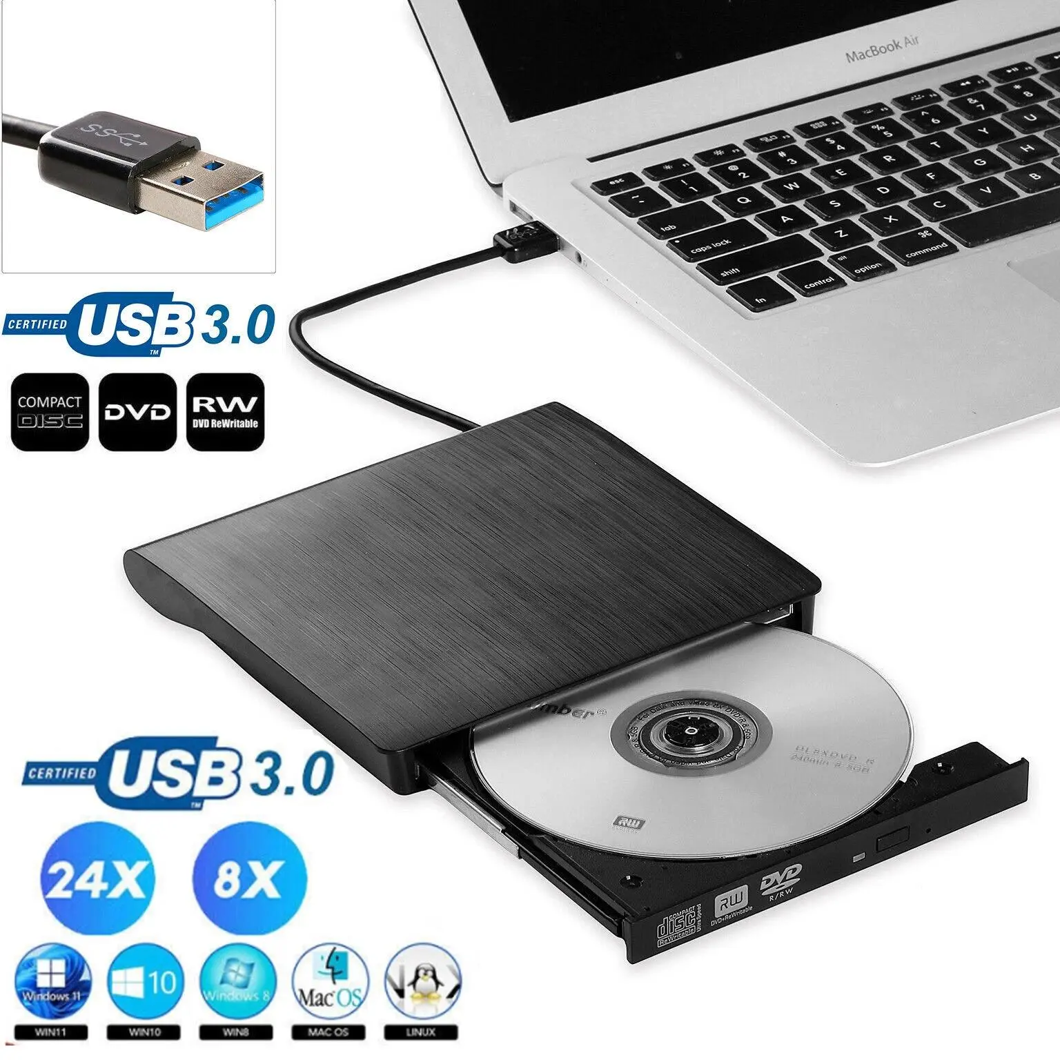 Ultra-Slim USB3.0 External Optical Drive, Plug & Play CD & DVD Reader Burner, No extra drivers required, perfect for modern laptops without built-in disc drives