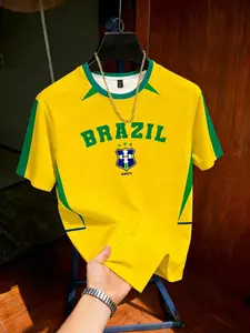 Men's Brazil Retro Style Soccer Home Jersey, Brazil Letter & Team Emblem Print, Short Sleeve Football Shirt, Casual Fan, All Seasons, Sports Tops