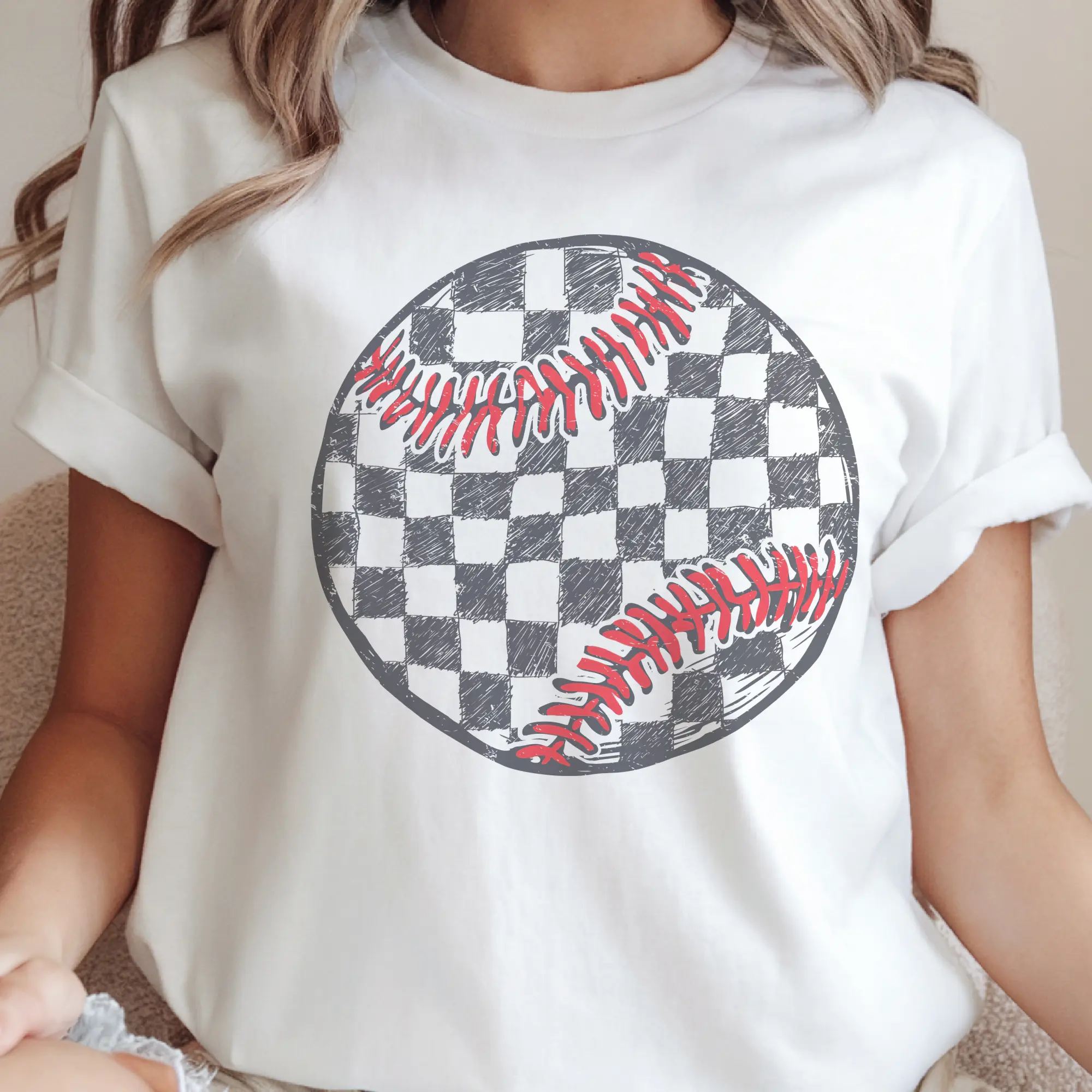 Vintage Baseball Tee Retro Checkered Baseball Sweatshirt Checkerboard Game Day Sports Top Unisex Casual Sports Mom Crewneck
