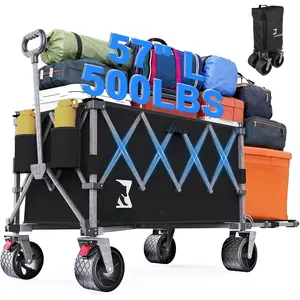 57" L Large Collapsible Foldable Wagon with Tailgate & , 500LBS Heavy Duty Beach Wagons with -Terrain Big Wheels, 300L Folding Utility Cart for Sand Garden Shopping Groceries  (Black)