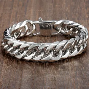 15mm Wide Heavy Silvery Tone Double Curb Cuban Link Rombo Mens Chain Boys 316L Stainless Steel Bracelet Fashion Jewelry Gifts