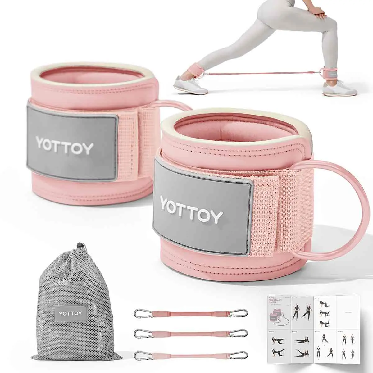 YOTTOY Women's Adjustable Padded Ankle Straps with 3 Latex Resistance Bands (10-60 lbs) - Cable Machine Attachment, Workout Equipment for Leg & Glute Training