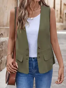 A women's olive green sleeveless single-breasted vest with a faux pocket design, suitable for summer, suitable for daily street wear and home wear