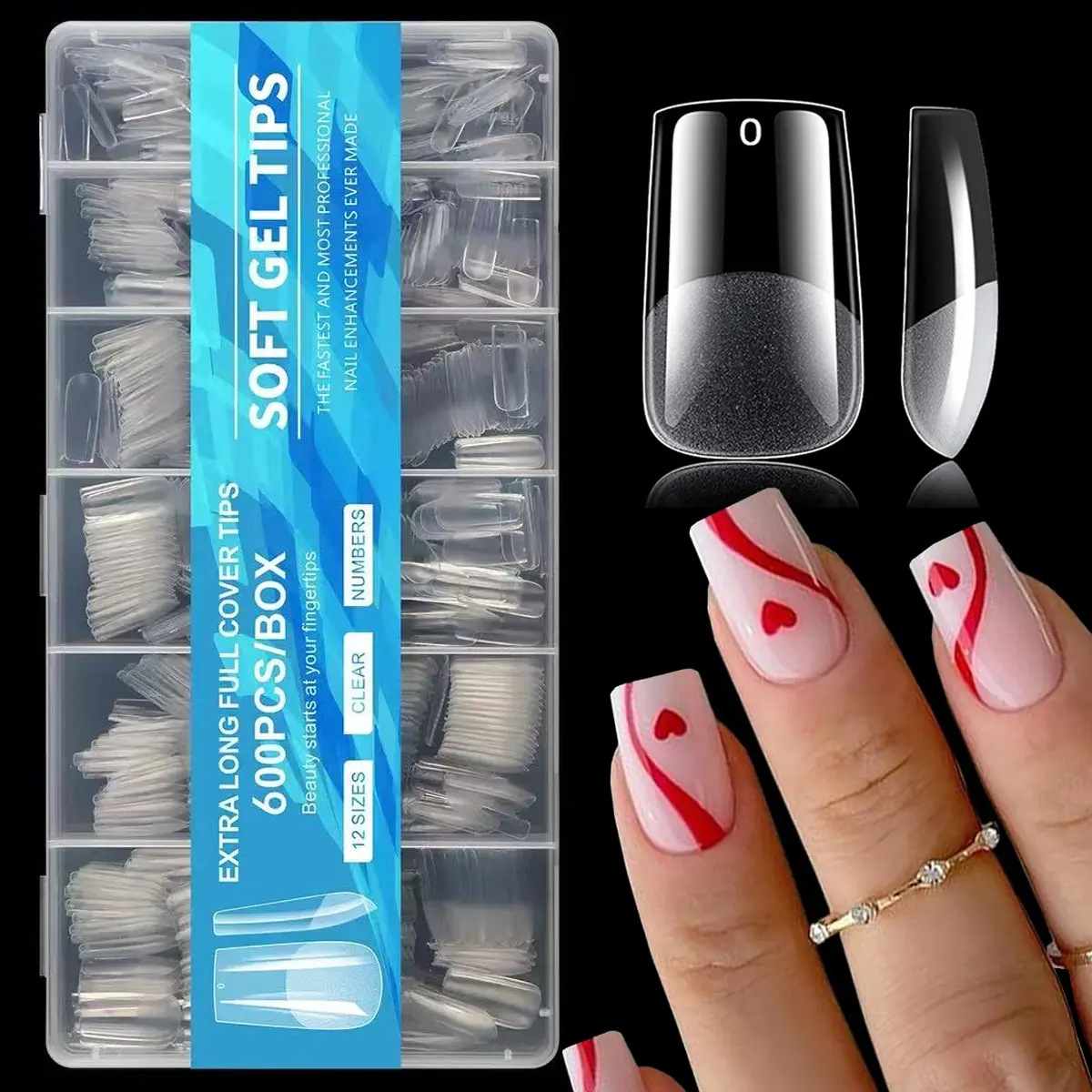 600Pcs Medium Square Nail Tips Fake Press on Clear Full Cover False Nails, Diy Nails Art, 12 Size Soft Gel Nail Tips Square for Removable Nail Extension Fake Manicure Tip Extension System, Fake Nails Extensions, Nail Art Design